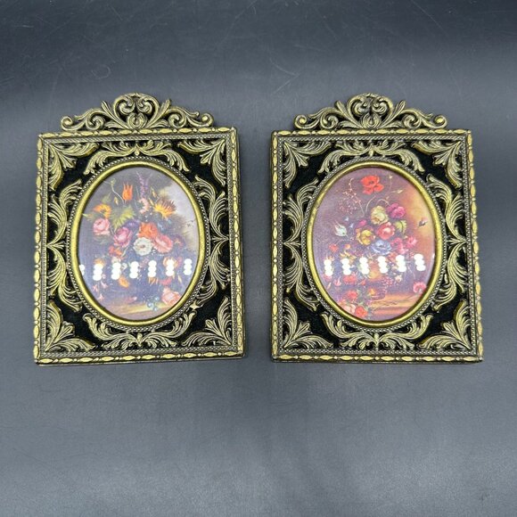 Vintage Italian Floral Pictures Ornate Metal Frames Wall Hangings Mid Century - Picture 2 of 8